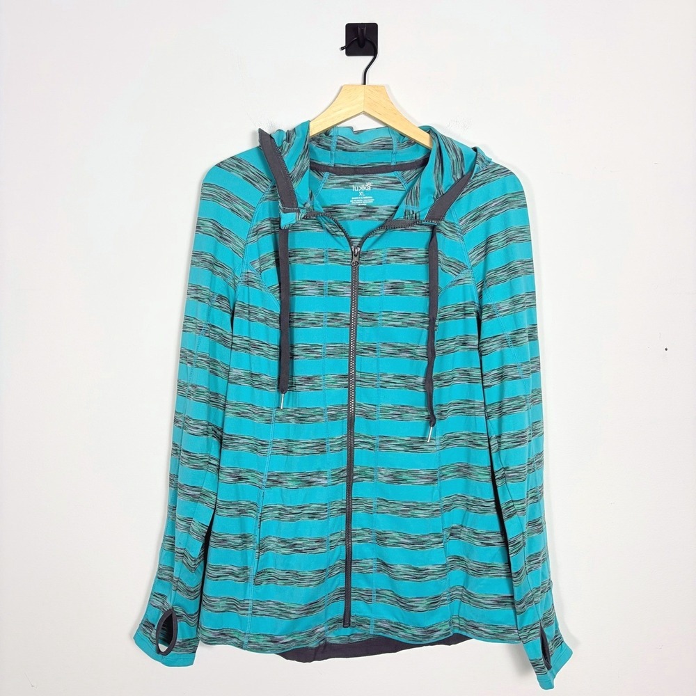 Lukka Activewear Full Zip Hoodie Athleisure Stretch Turquoise Stripe Size XL‎